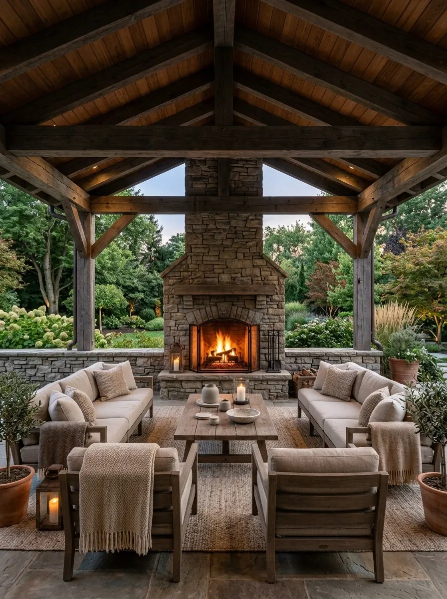 Pergola With Roof and a Built-In Outdoor Fireplace