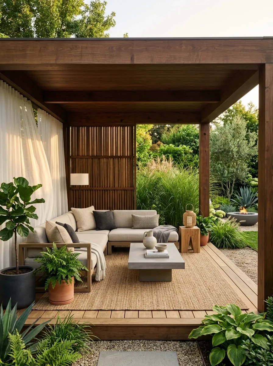 Pergola With Roof and Layered Privacy Screens