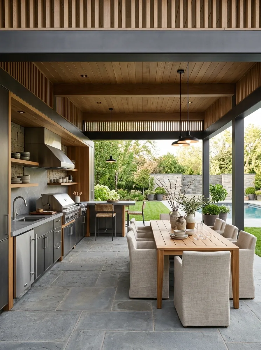 Pergola With Roof Over a Full Outdoor Kitchen