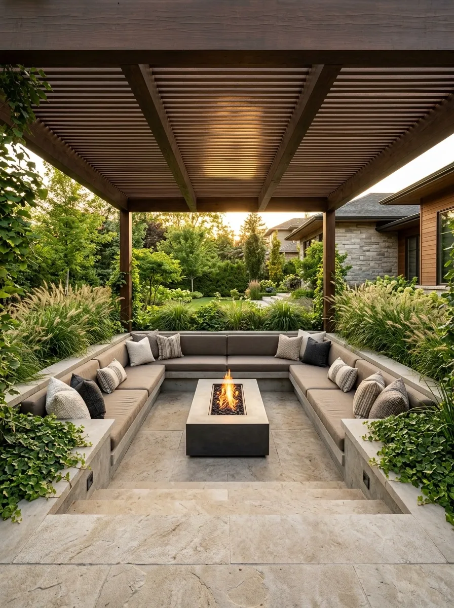 Pergola With Roof Over a Sunken Conversation Area