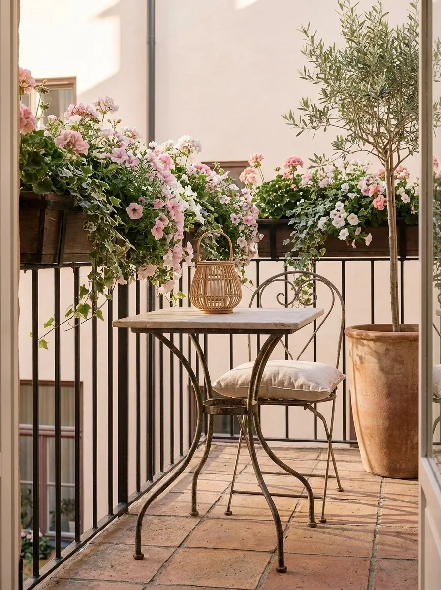 Petite Romantic Balcony With Flower-Filled Window Boxes