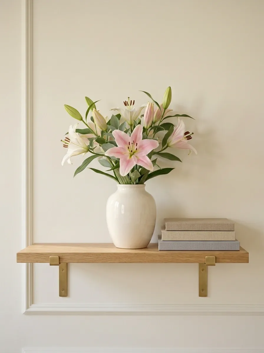 Place Lilies Beside Books and Decor on a Shelf