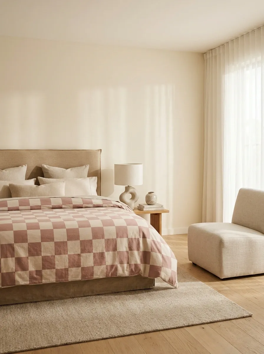 Playful Checkerboard Bedroom With Warm Neutral Furniture