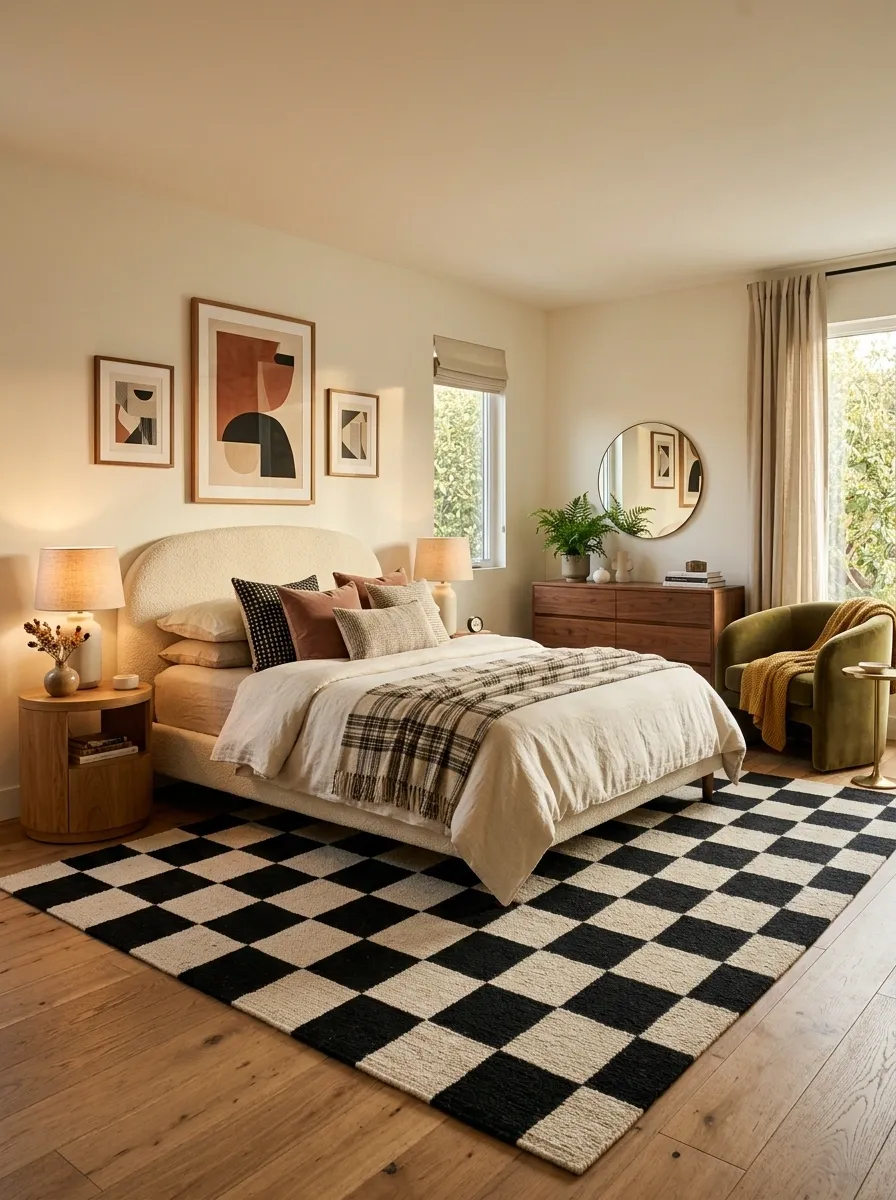 Playful Eclectic Bedroom With Checkerboard Rug and Curved Furniture