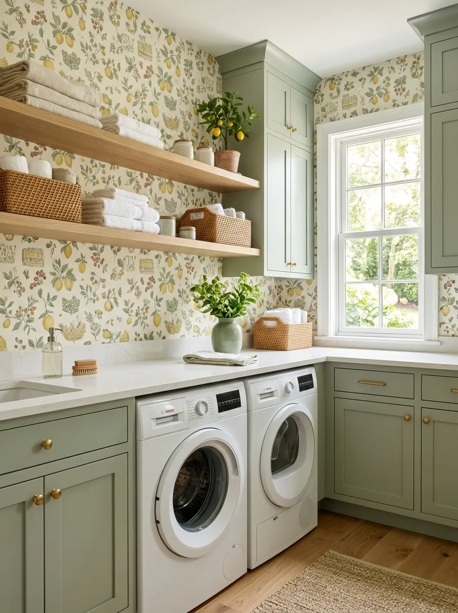 Playful Fruit-Inspired Wallpaper With Soft Green Cabinetry