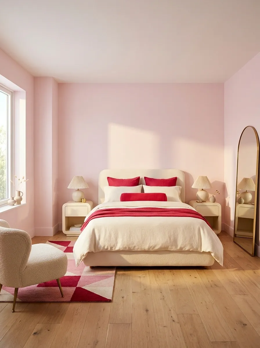 Playful Red and Pink Bedroom With Retro Shapes