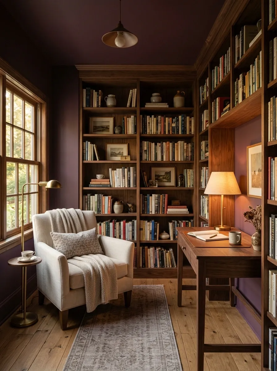 Plum-Toned Library With Walnut Desk and Cream Upholstery