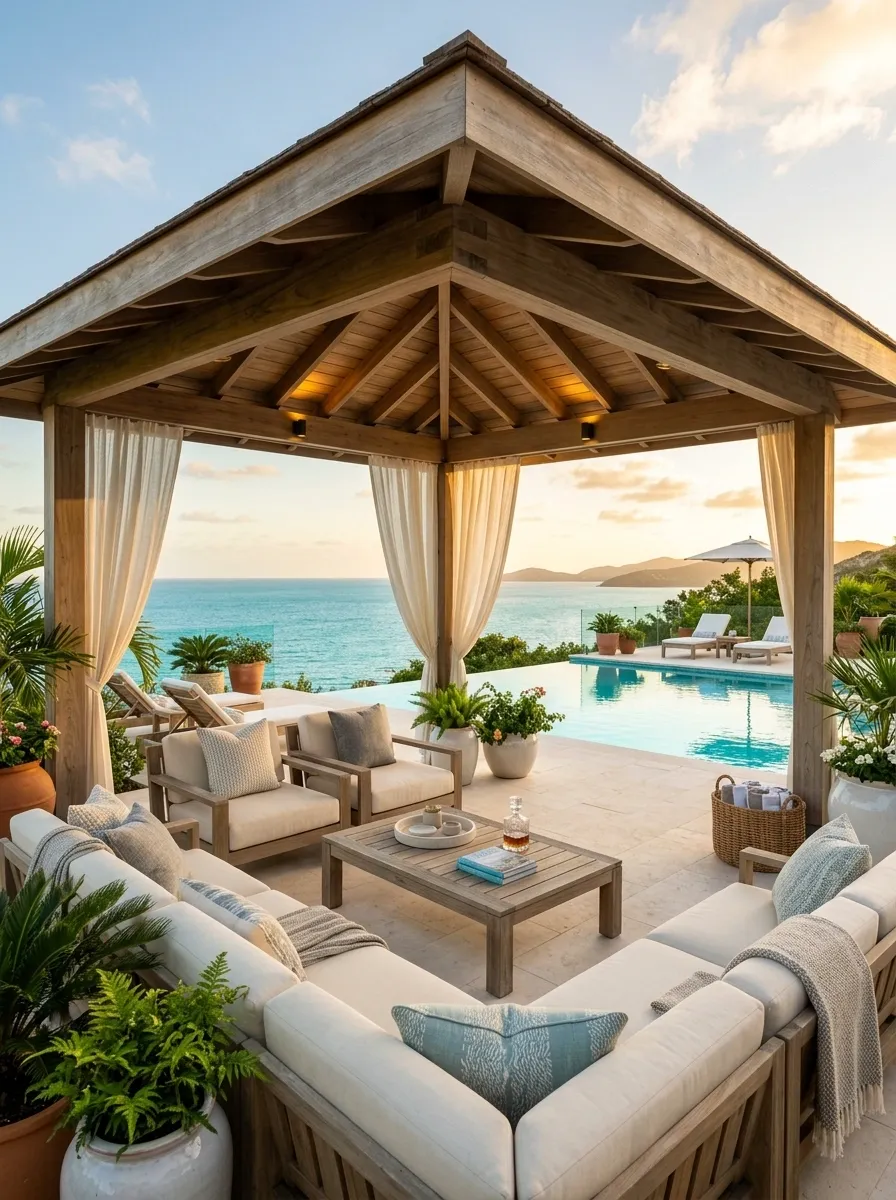 Poolside Pergola With a Wide Hipped Roof