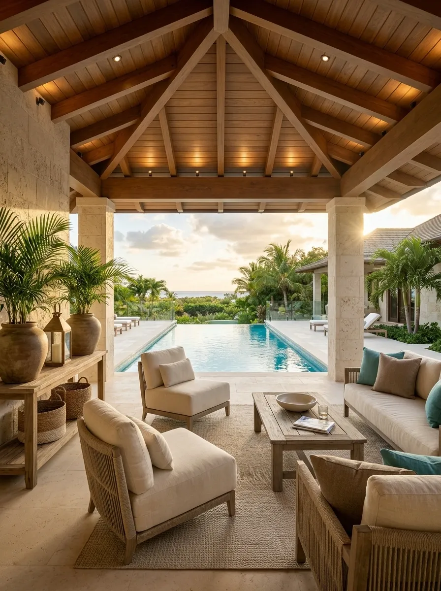 Poolside Porch With a Broad Hipped Roof