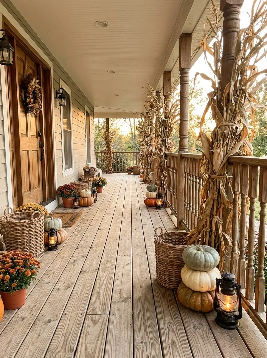 Porch Railing Wrapped With Harvest Corn Stalks