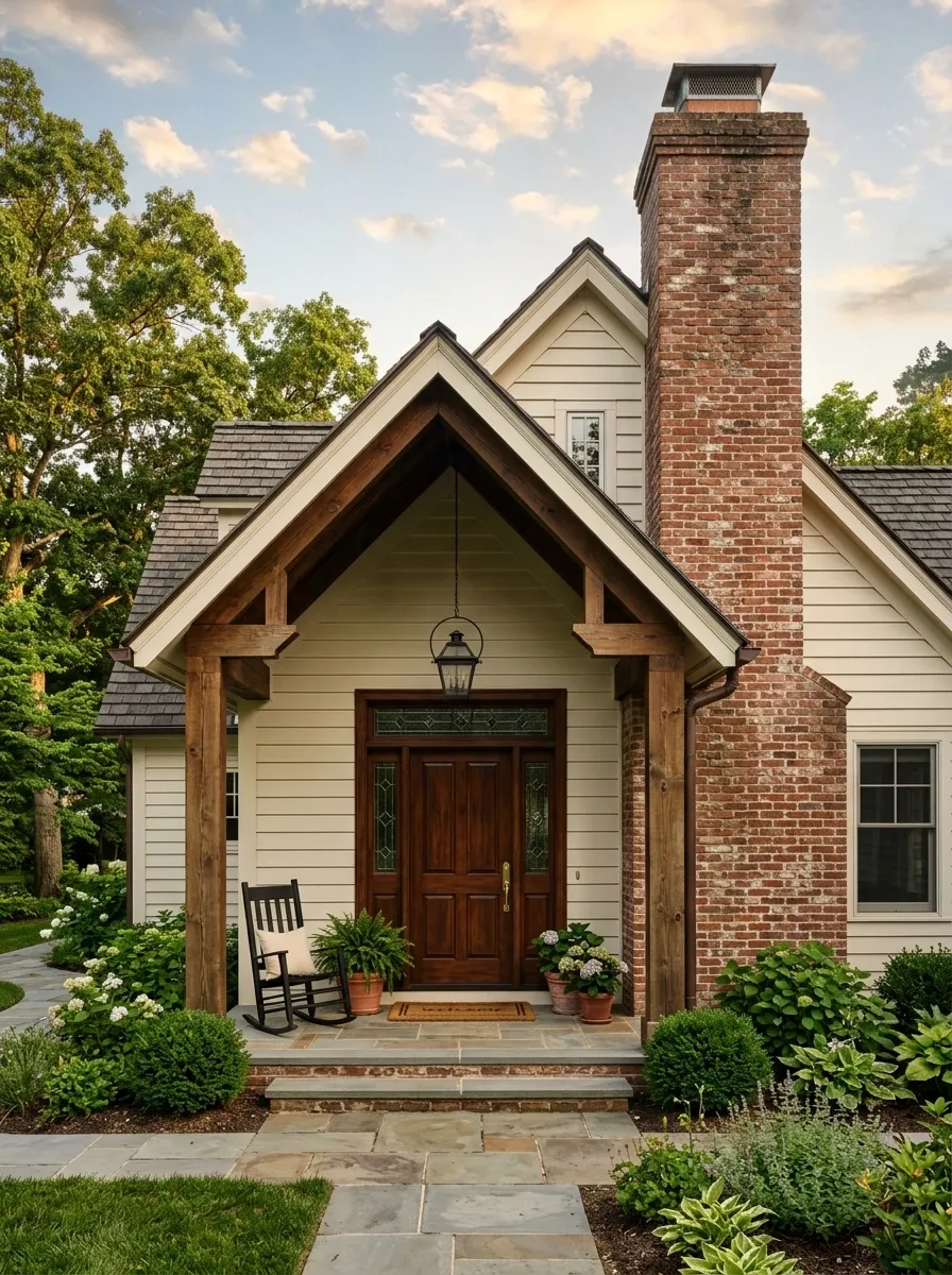 Porch With Exposed Brick Chimney and Matching Gable Roof
