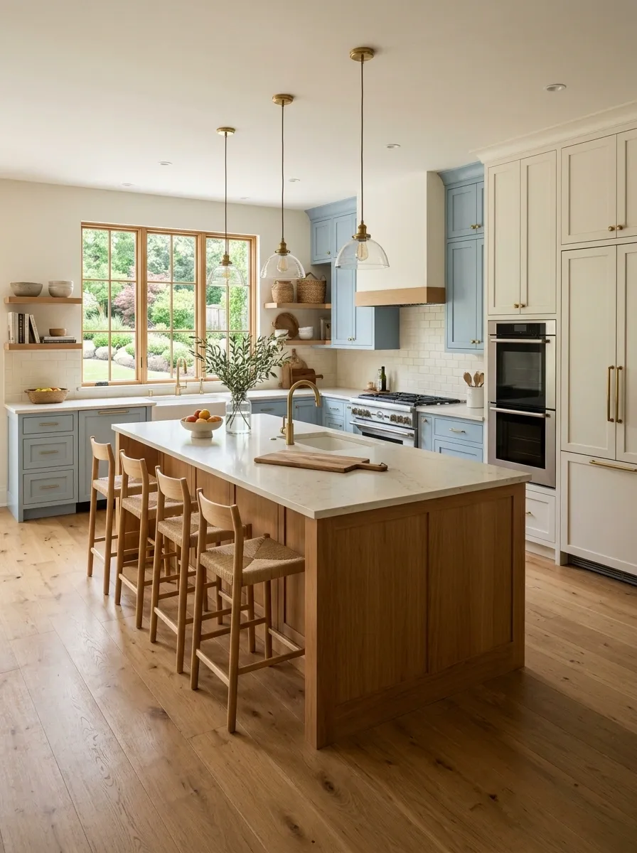 Powder Blue, Cream, and Medium Oak Family Kitchen
