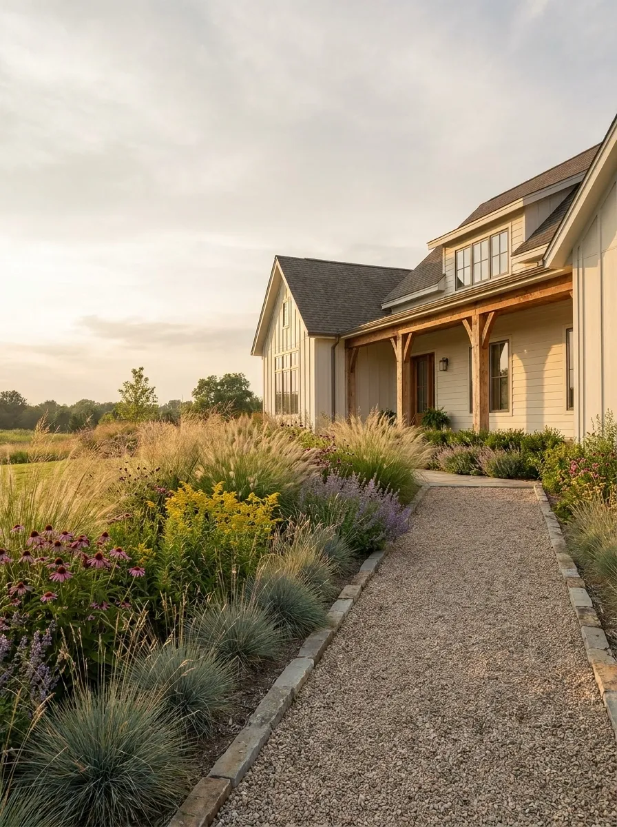 Prairie-Style Driveway With Grasses and Perennials
