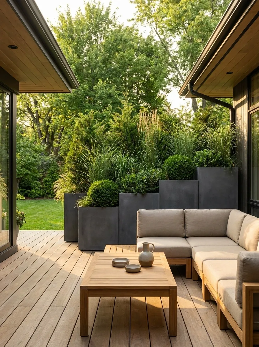 Privacy-Focused Deck With Tall Planters and Dense Evergreen Screening