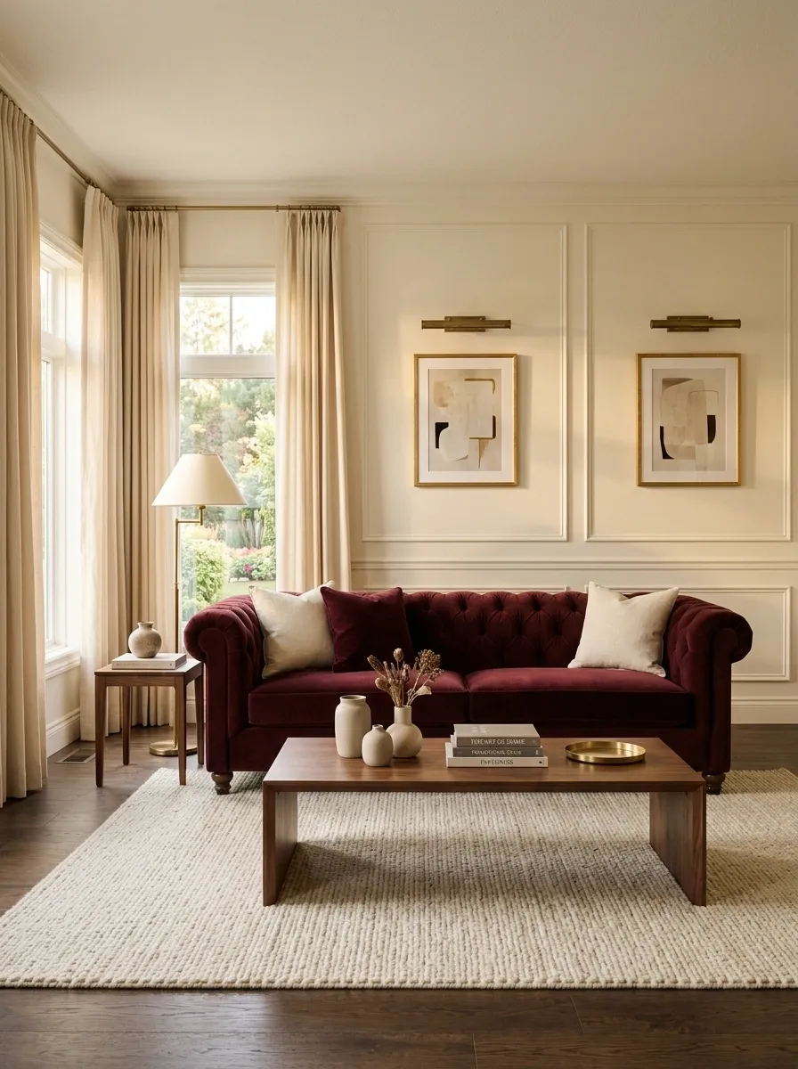 Put a Burgundy Sofa Against Warm Cream Walls