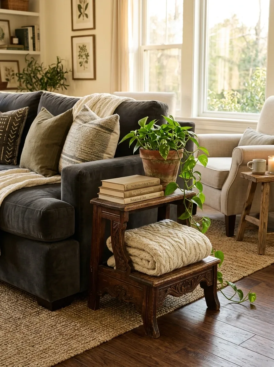 Put a Small Stool Beside Furniture That Feels Too Heavy