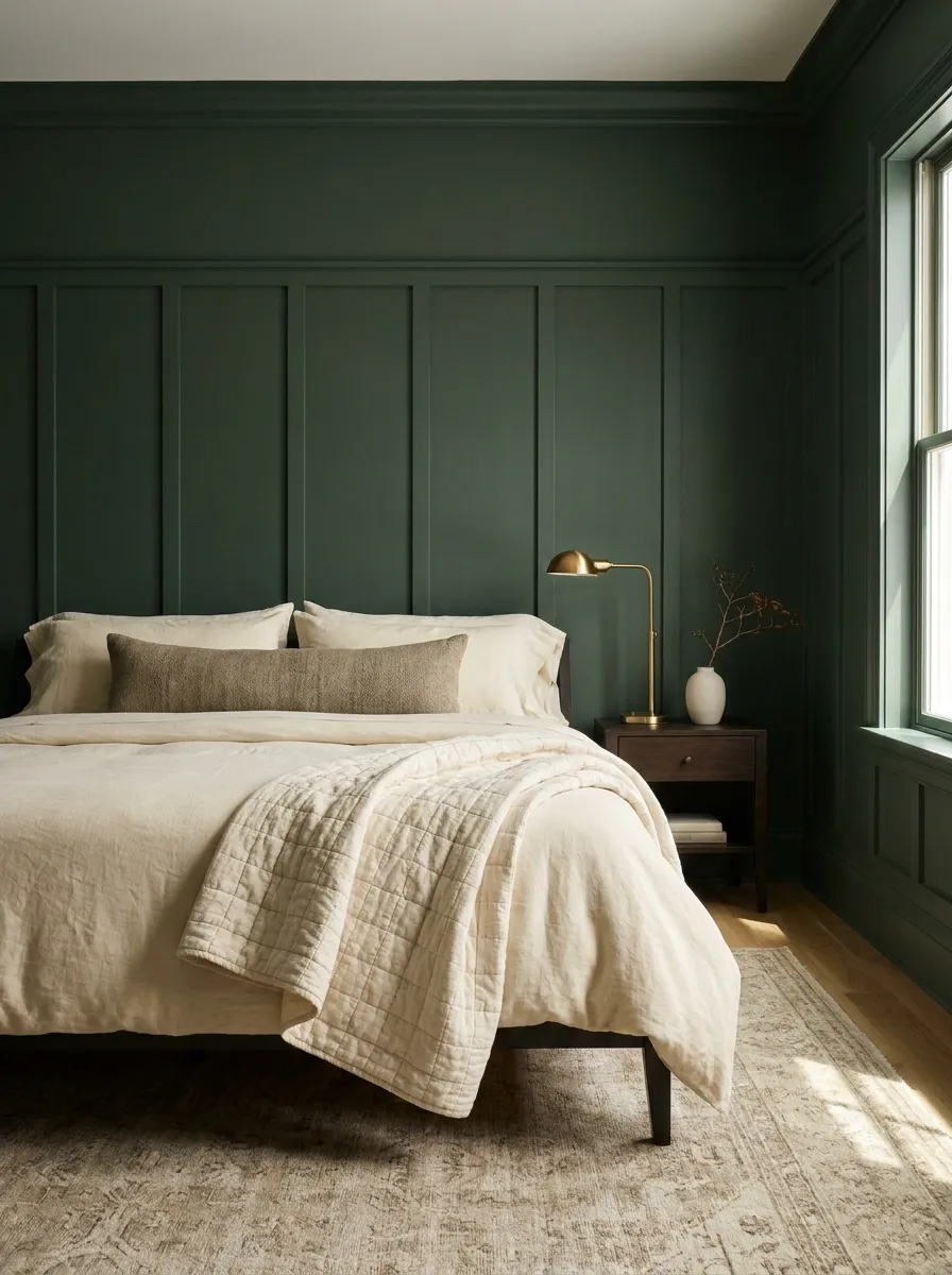 Put Crisp Cream Bedding Against Forest Green Walls