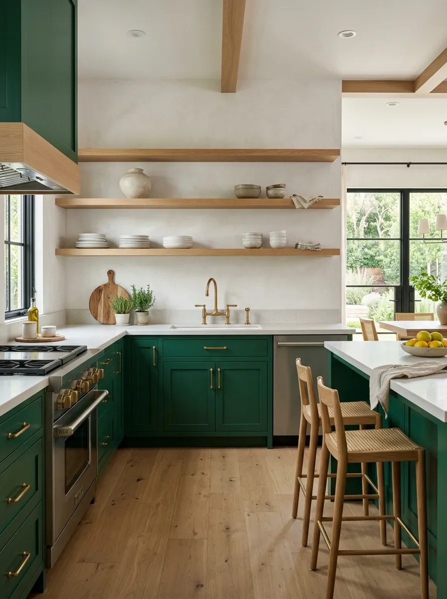 Put Emerald Lower Cabinets Under Open Wood Shelving