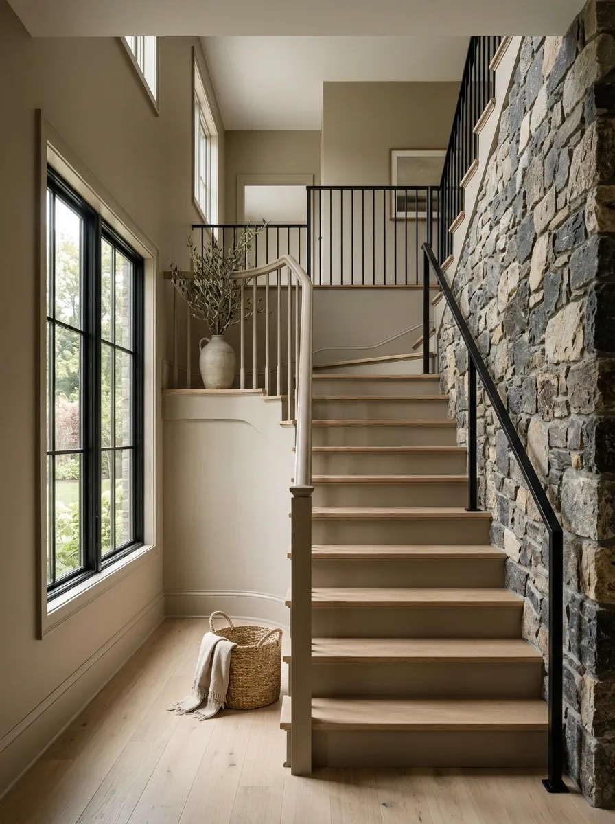 Putty-Colored Staircase With Natural Stone and Blackened Steel