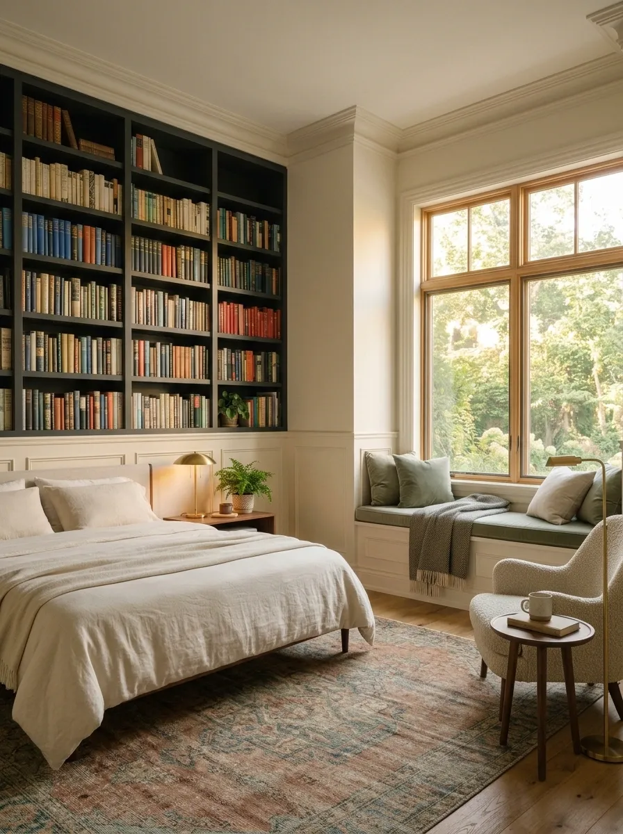 Quiet Bedroom-Library Hybrid With Window Bench and Full Bookcase Wall