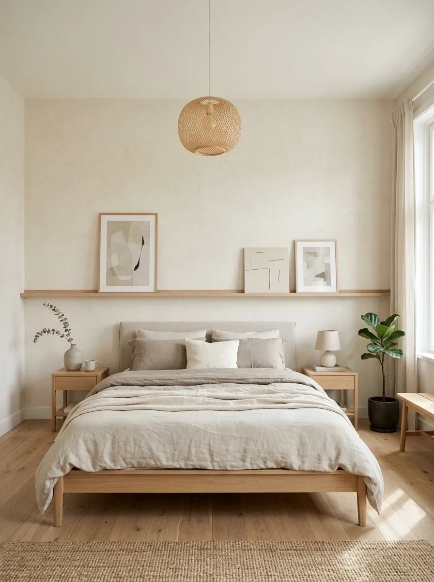 Quiet Japandi Bedroom With a Long Floating Picture Rail
