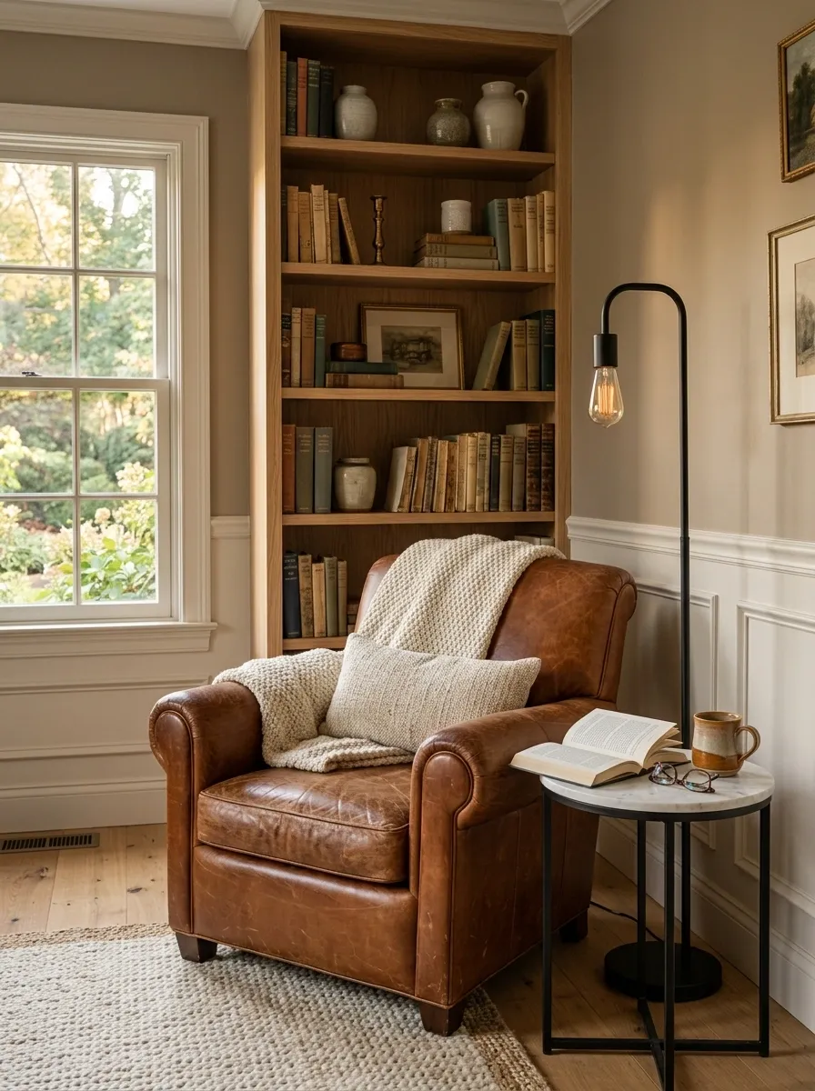 Quiet Library Corner With One Statement Chair