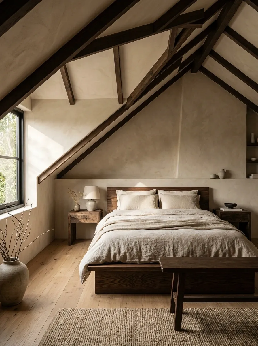 Quiet Organic Bedroom With Linen, Plaster, and Dark Timber