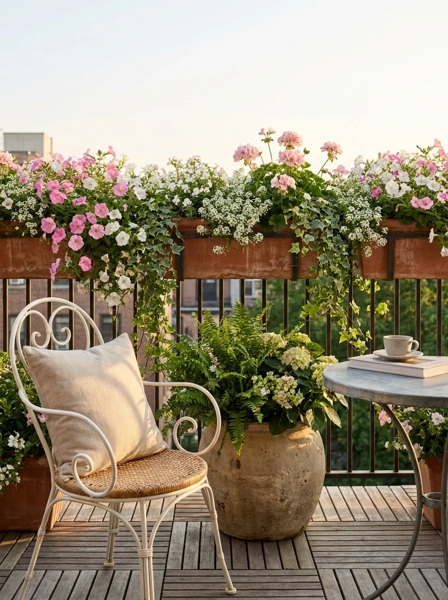 Railing Planters With a Soft Cottage-Garden Mix