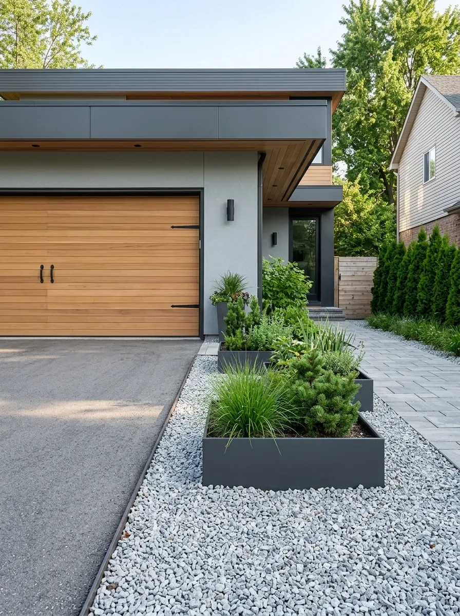 Rain-Friendly Garage Planting With Gravel and Raised Containers