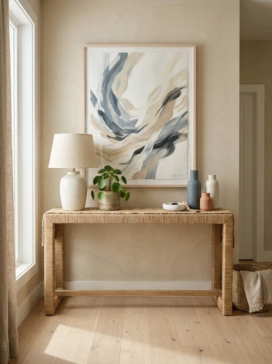Rattan Console With Coastal Artwork and Sandy Neutral Palette