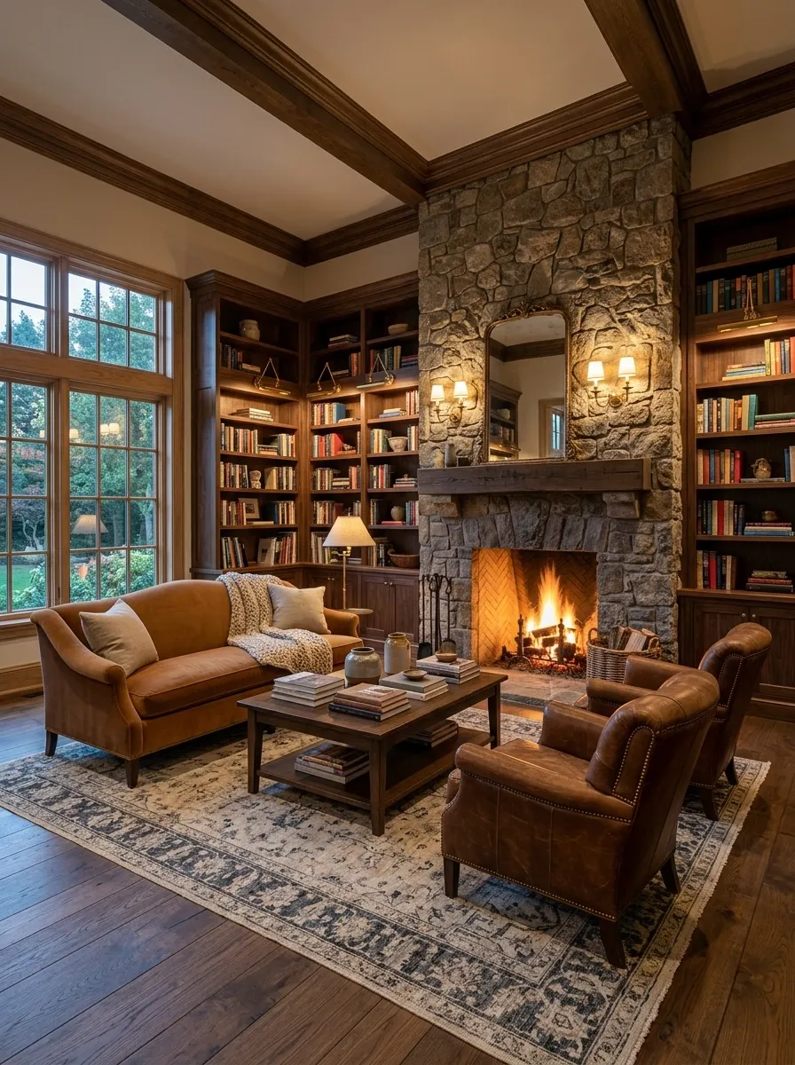 Reading Library With Fireplace, Sofa, and Two Individual Chairs