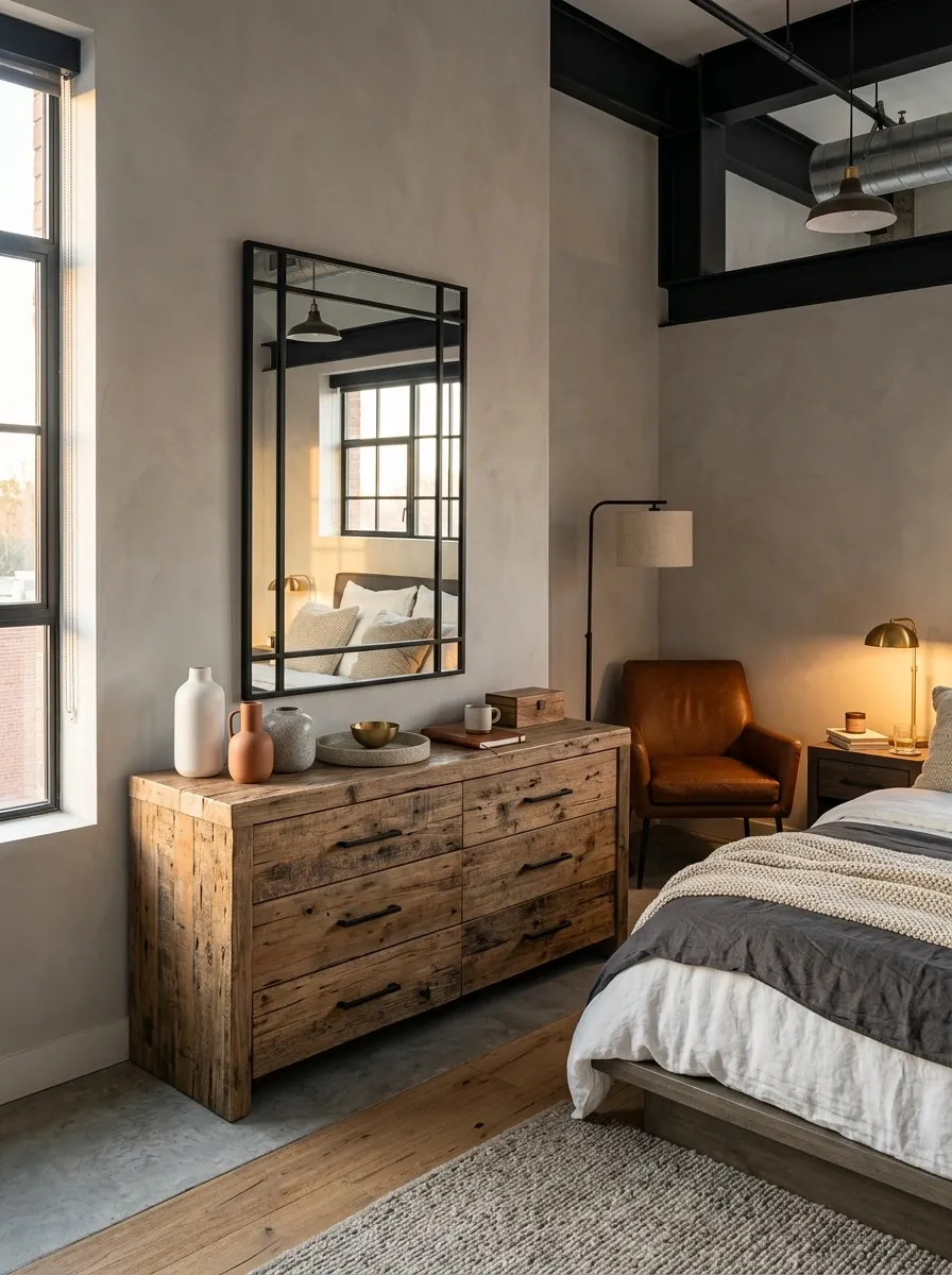 Reclaimed Wood Dresser With Black Steel in an Industrial Bedroom