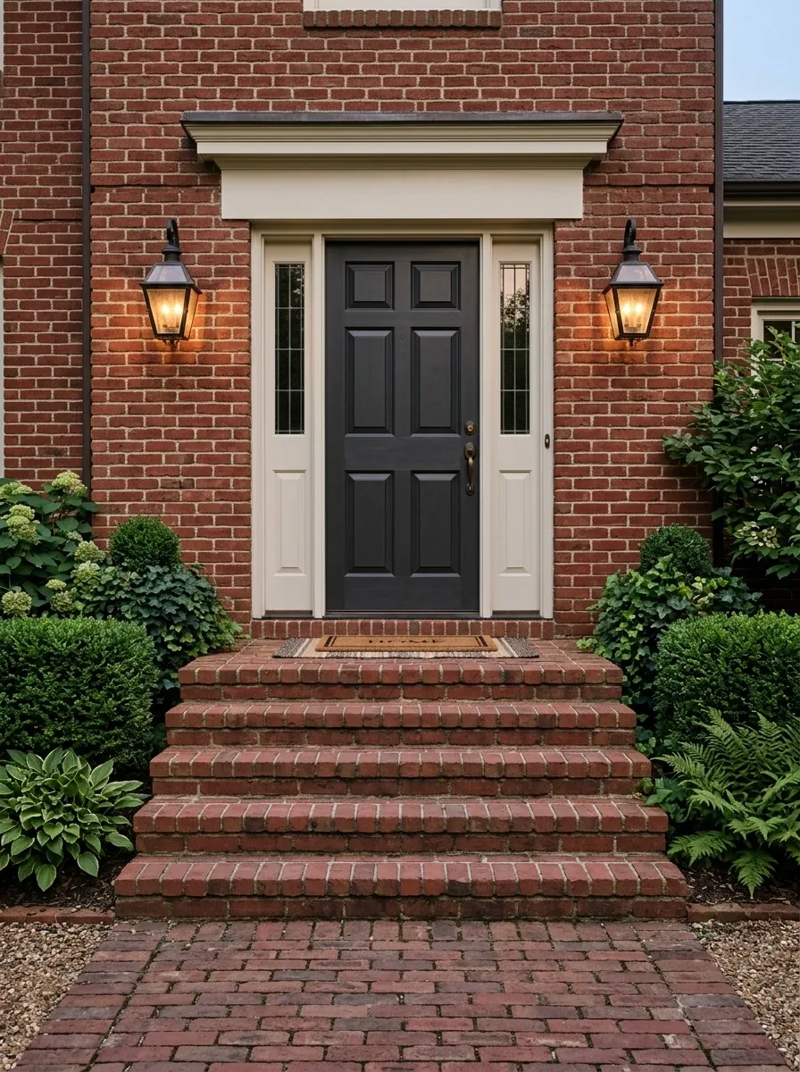 Red Brick Steps With Traditional Black Lanterns
