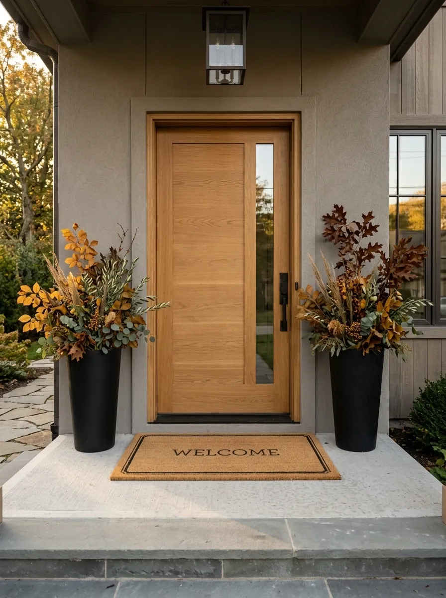 Refined Fall Entry With Neutral Mat and Architectural Planters
