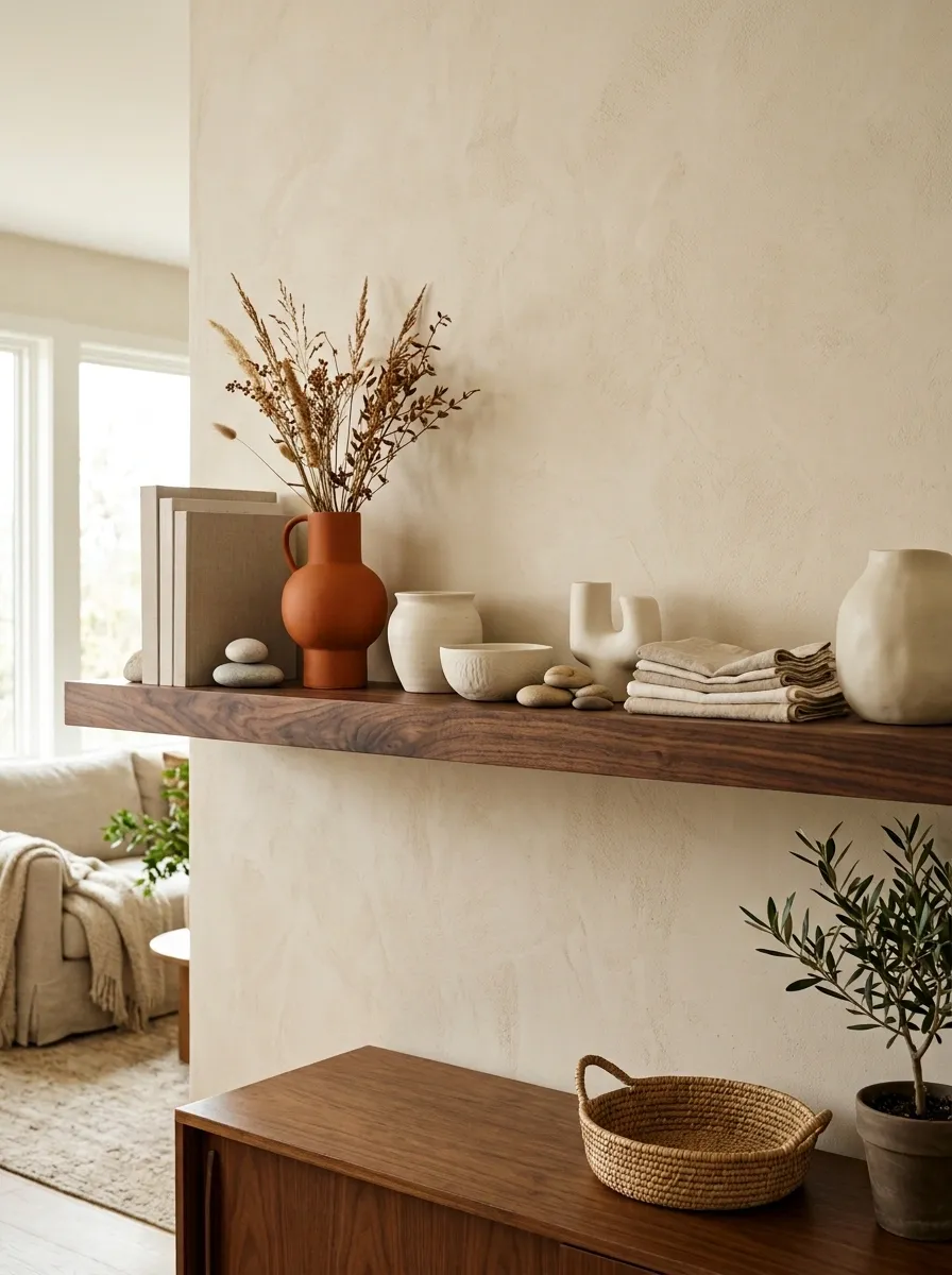 Refined Neutral Fall Shelf With Stone, Linen, Walnut, and One Burnt Orange Accent