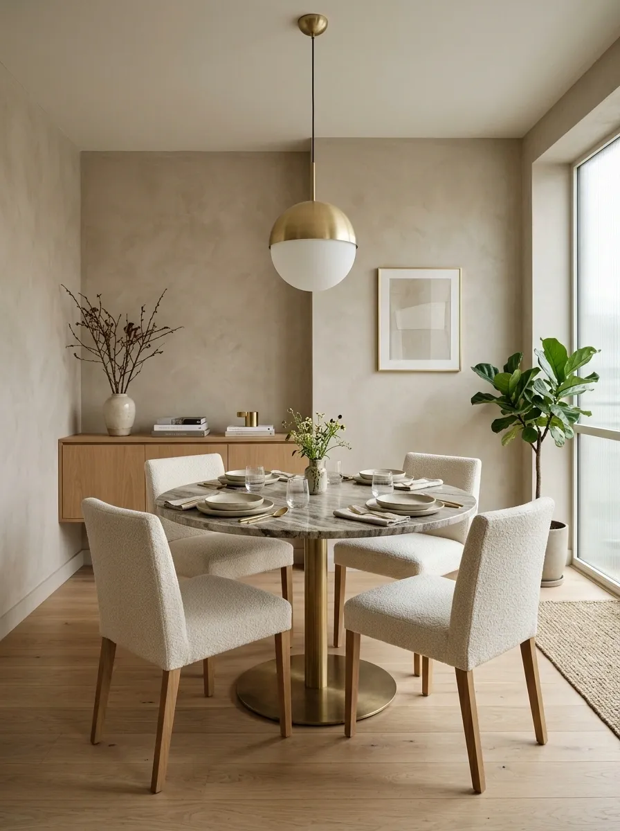 Refined Tiny Dining Room With Stone Table and Upholstered Chairs