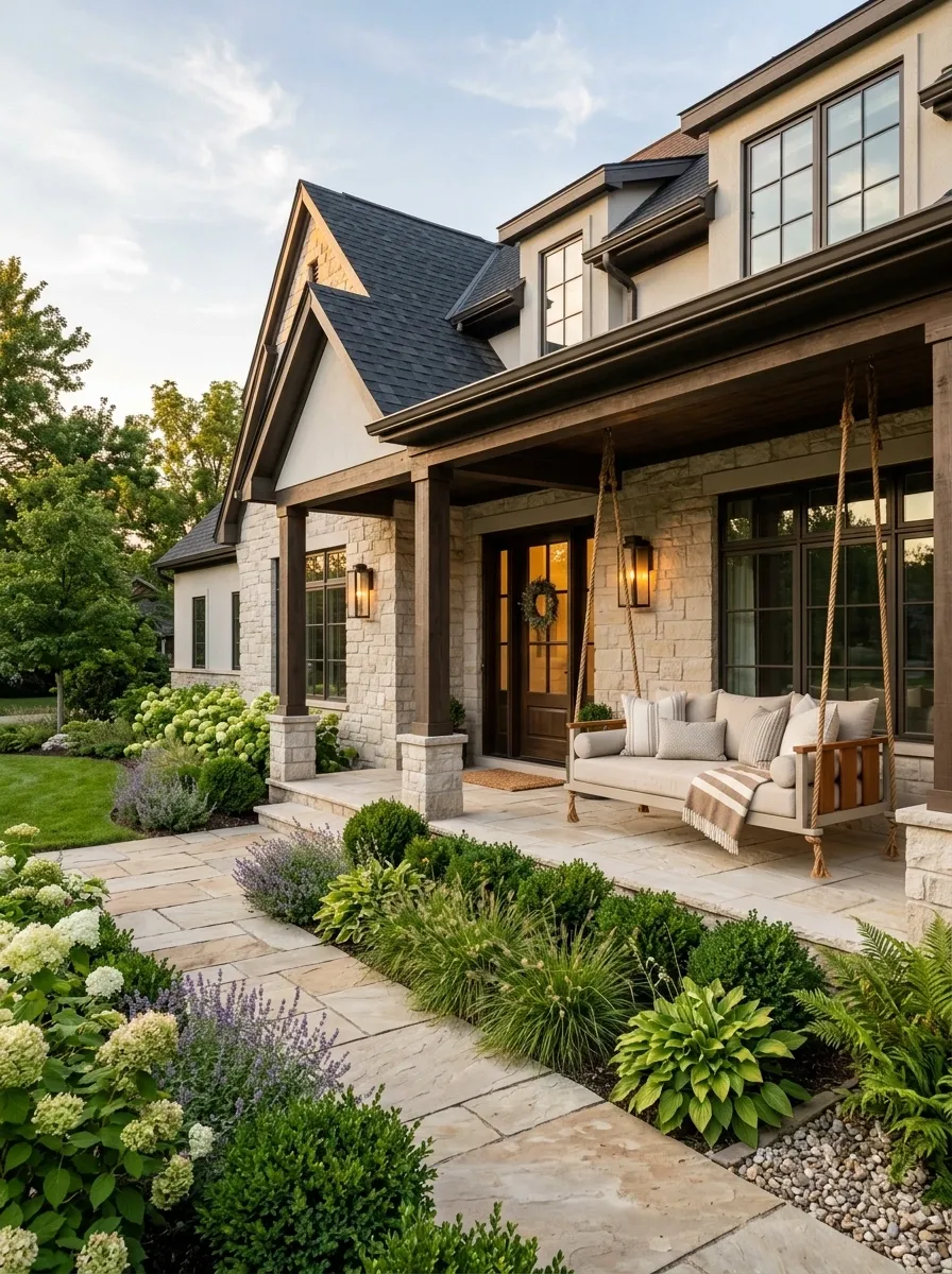 Refined Transitional Porch With Linen Swing and Layered Landscaping