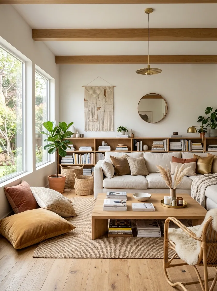 Relaxed Corner Sofa With Floor Cushions and a Low Library