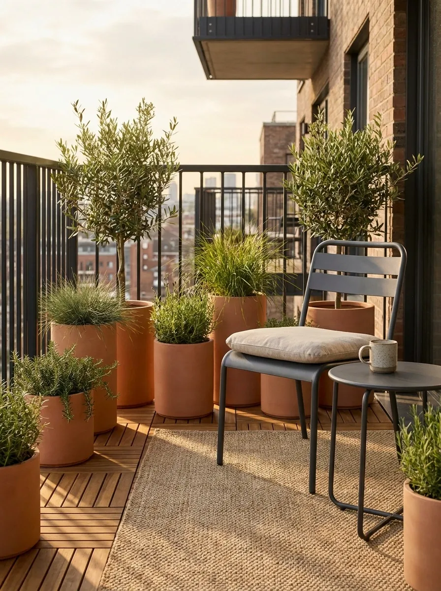 Rental-Friendly Balcony With Coordinated Freestanding Planters