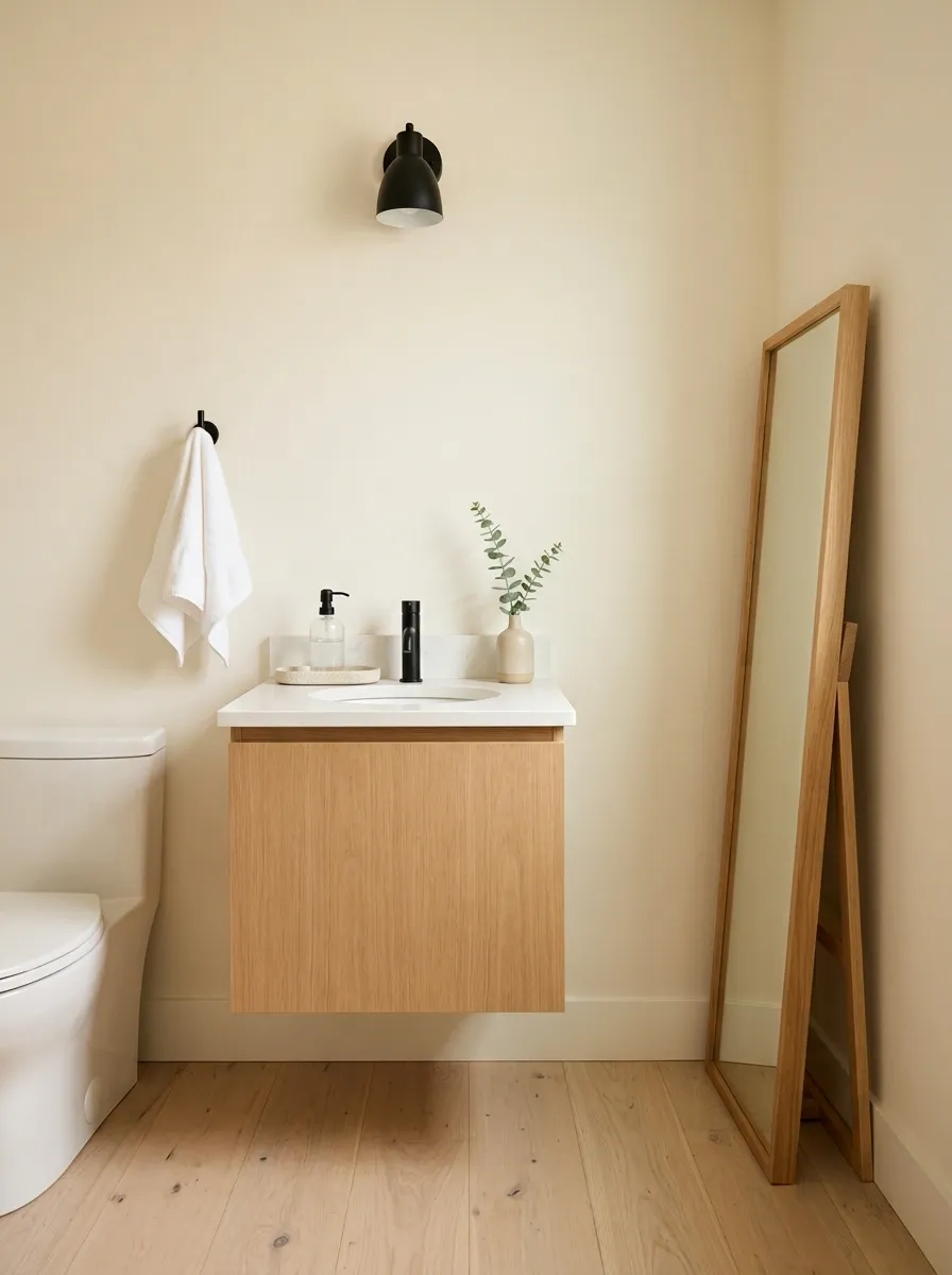 Rental-Friendly Vanity With a Leaning Wood Mirror