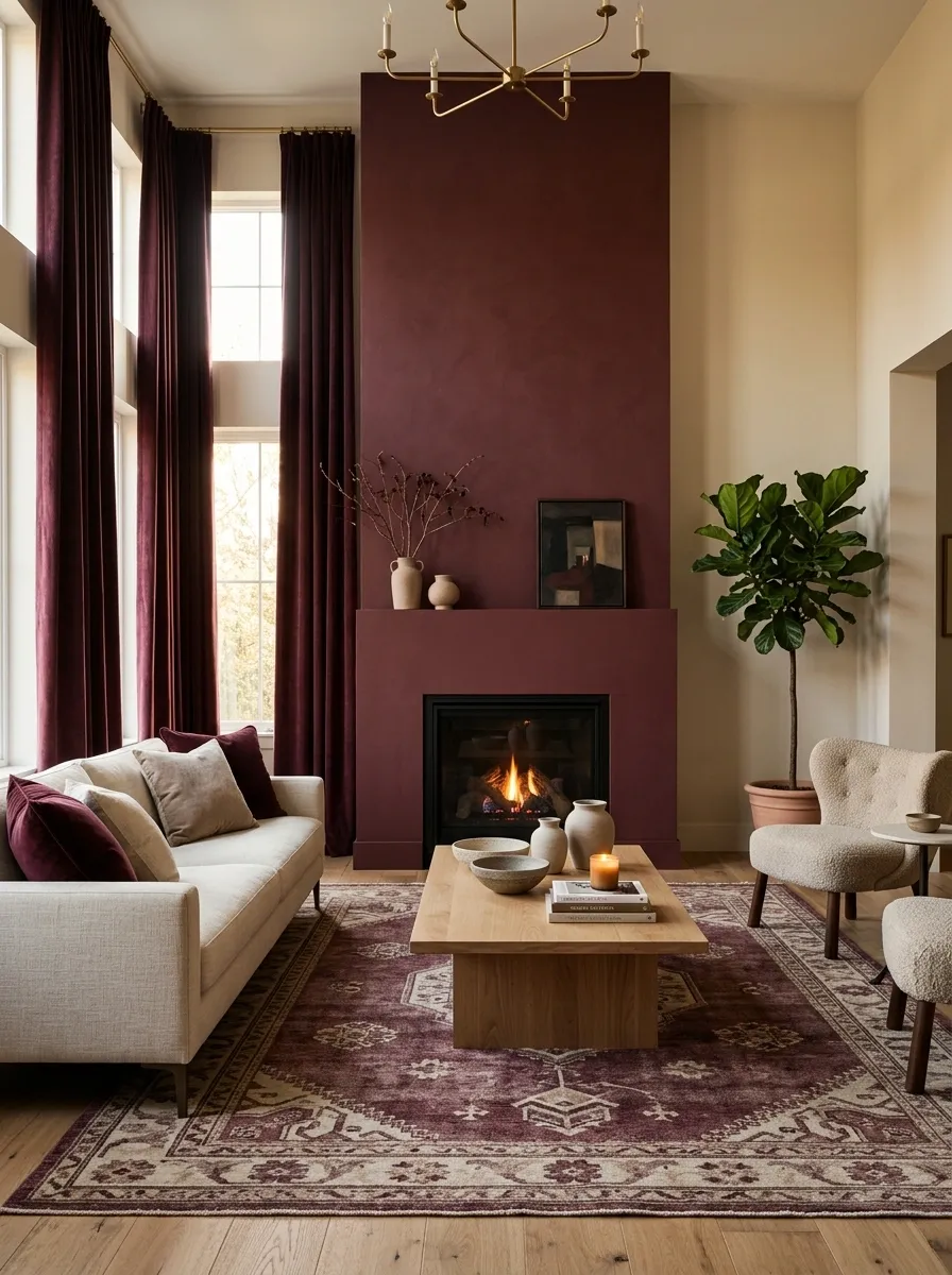 Repeat Burgundy Through the Fireplace, Rug, and Curtains