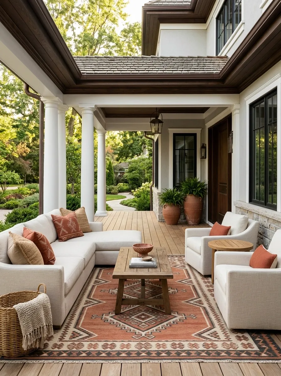 Repeat one color story through cushions, rugs, and accessories