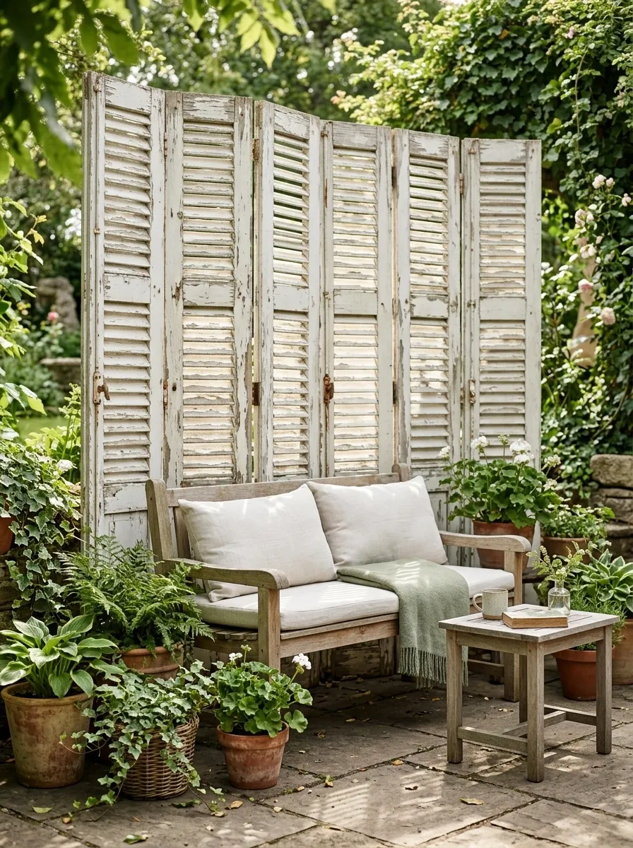 Repurposed Shutters as a Decorative Privacy Screen