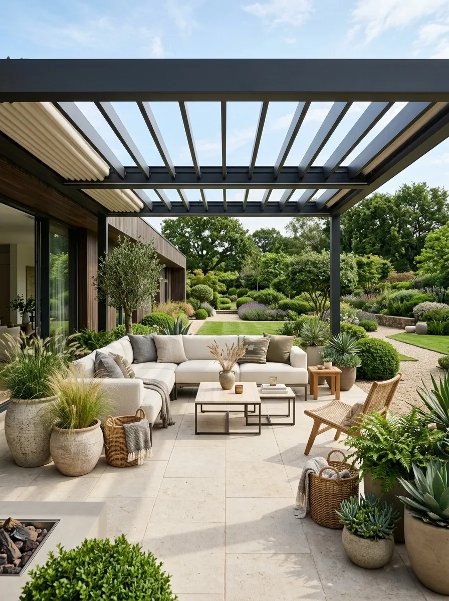 Retractable Roof Pergola Over a Flexible Lounge