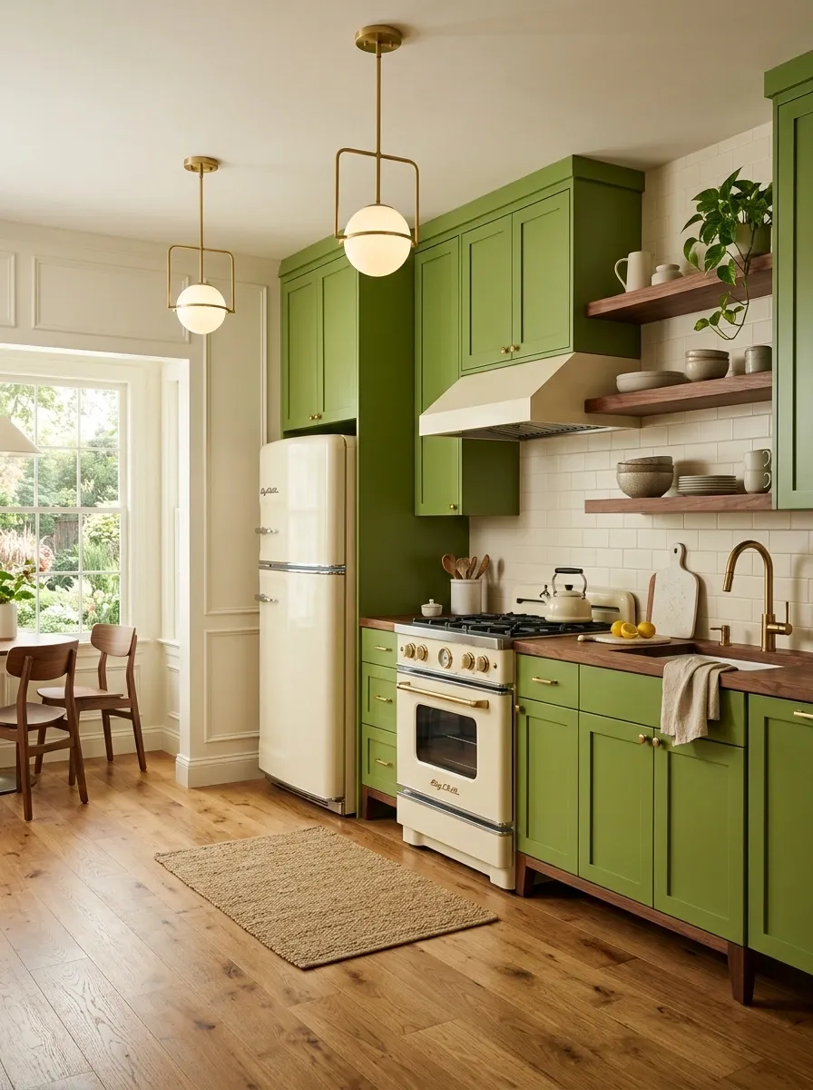 Retro Avocado Green Kitchen With Cream Appliances and Walnut