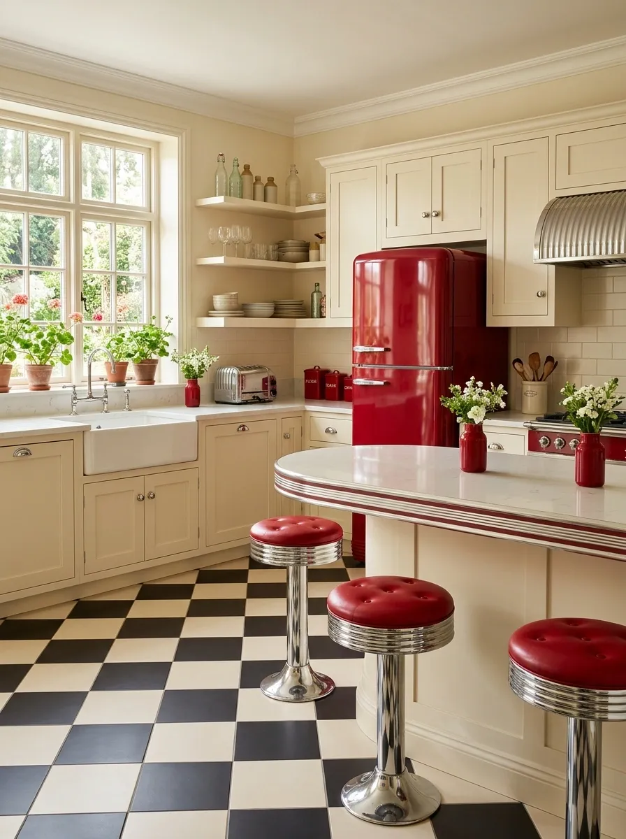 Retro Diner Kitchen With Red, Cream, and Chrome