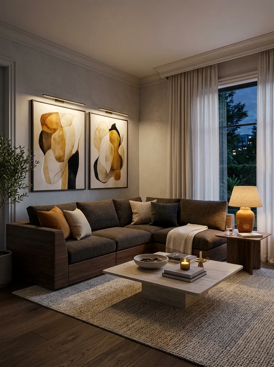 Rich Walnut Sectional Room With Soft Amber Lighting