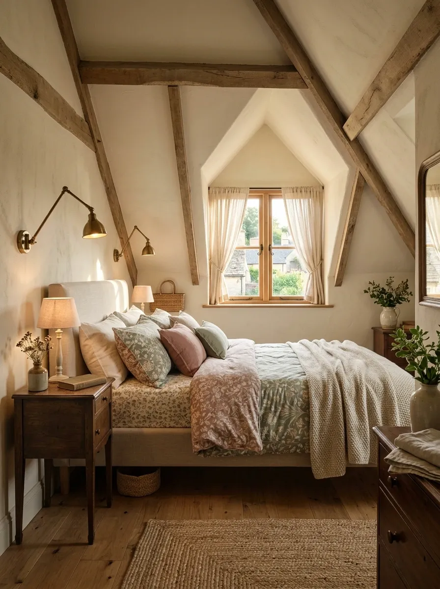 Romantic Attic Bedroom With Soft Floral Textiles and Cream Walls