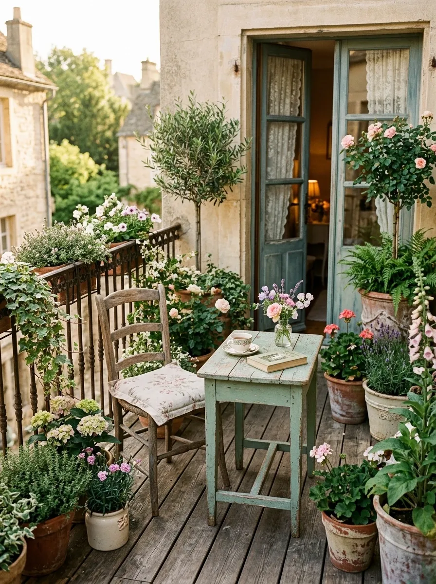 Romantic Cottage Balcony With Soft Flowers and Weathered Wood