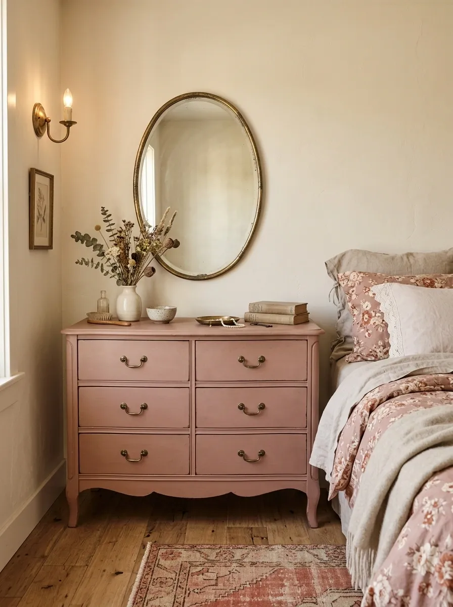 Romantic Dusty Rose Dresser With an Aged Oval Mirror